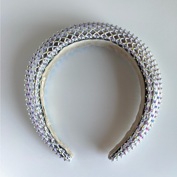 Padded 1.5” Headband with Rhinestone-Adorned Mesh Overlay/Silver Base Handmade - Picture 9 of 10